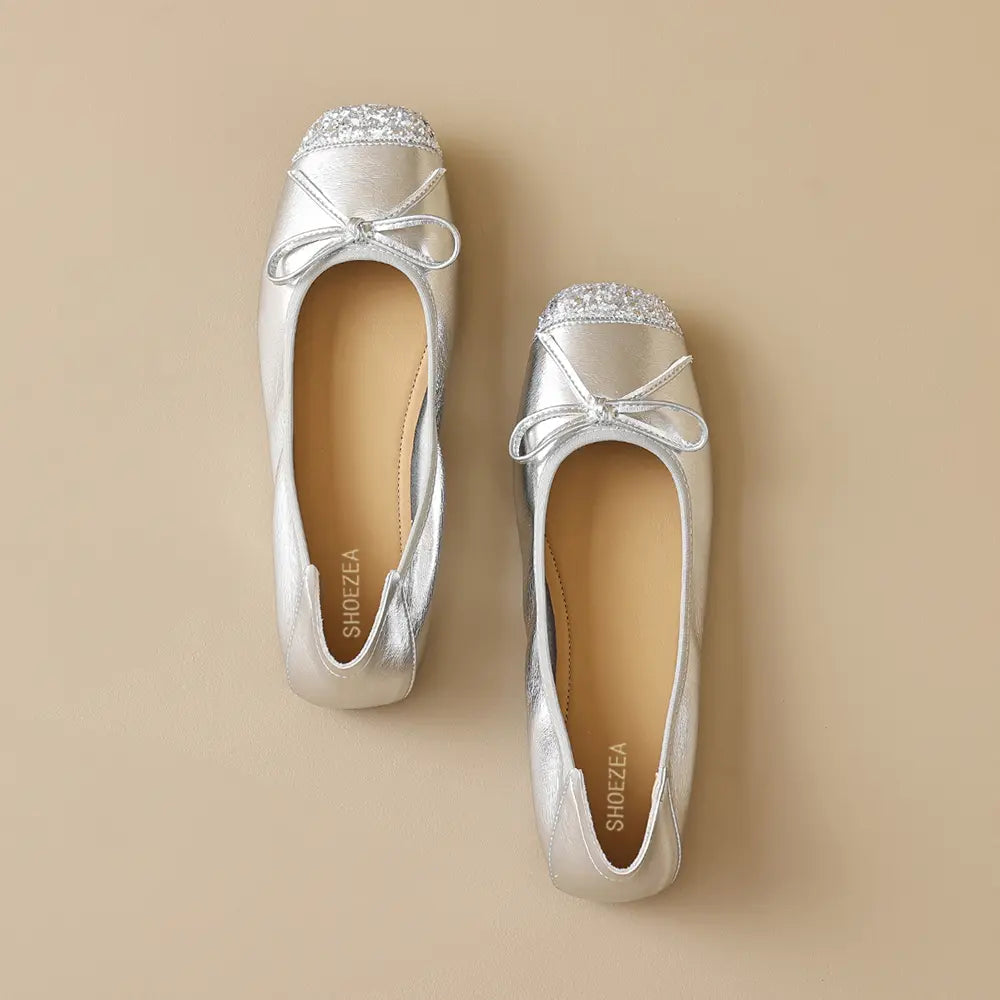 Shoezea Bow Ballet Flats for Women – Soft Sole Square Toe Slip-On Shoes