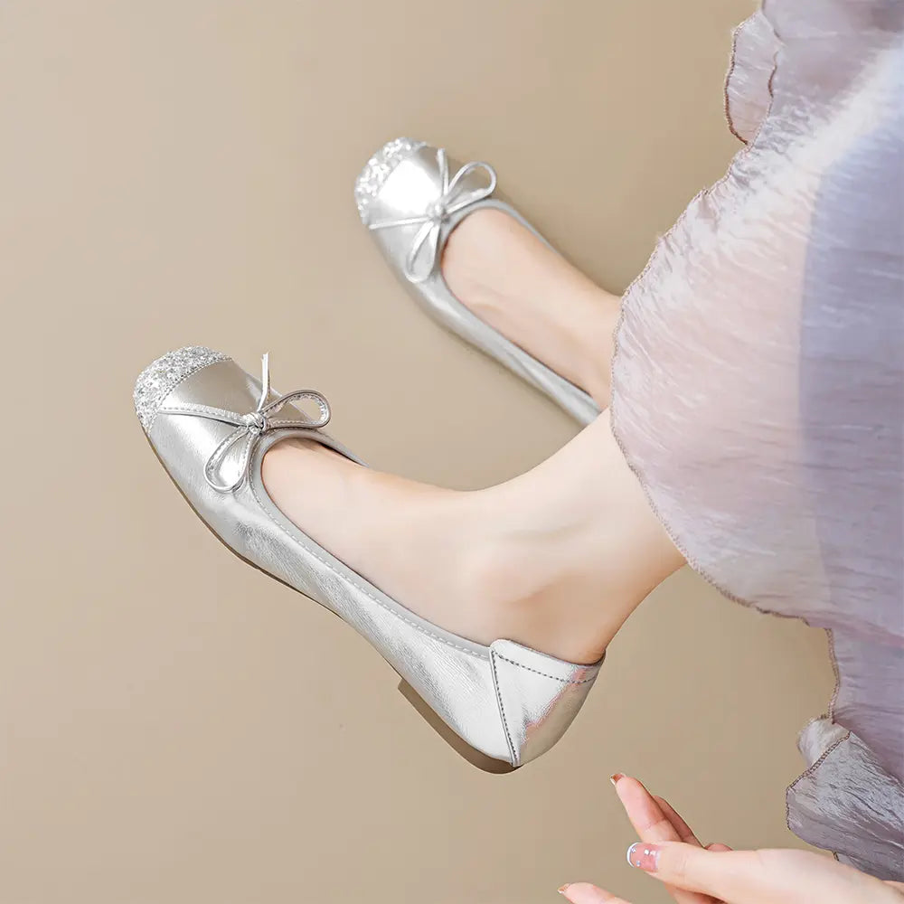 Shoezea Bow Ballet Flats for Women – Soft Sole Square Toe Slip-On Shoes