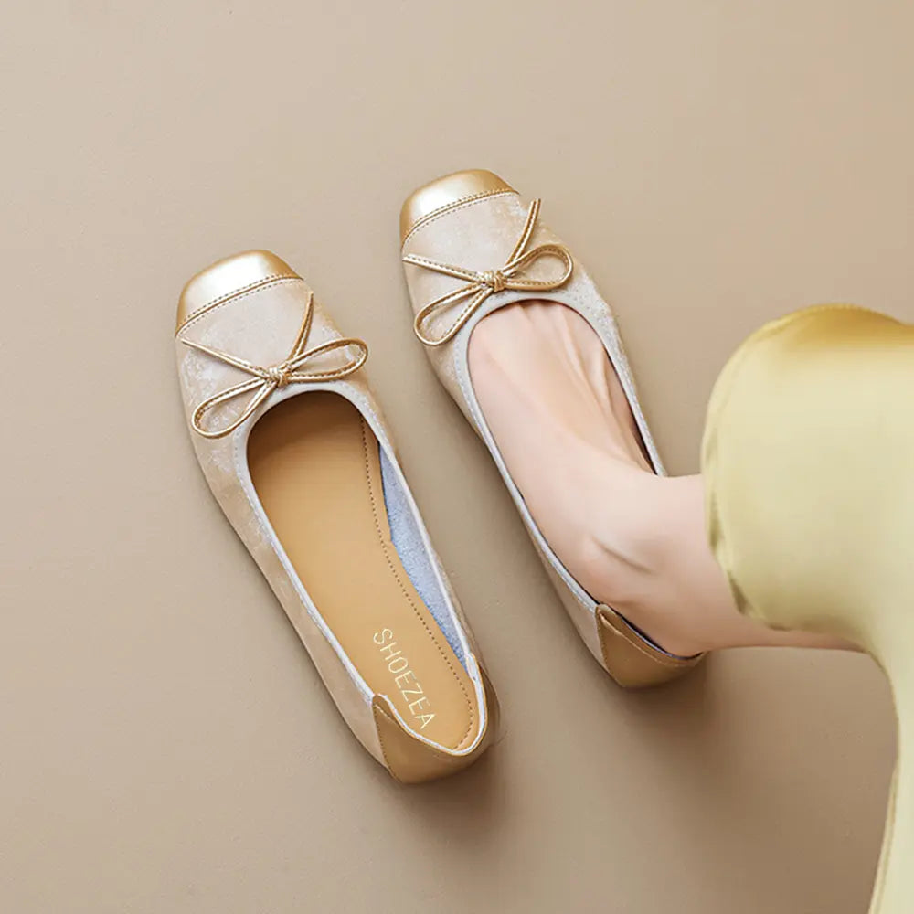Shoezea Bow Ballet Flats for Women – Soft Sole Square Toe Slip-On Shoes