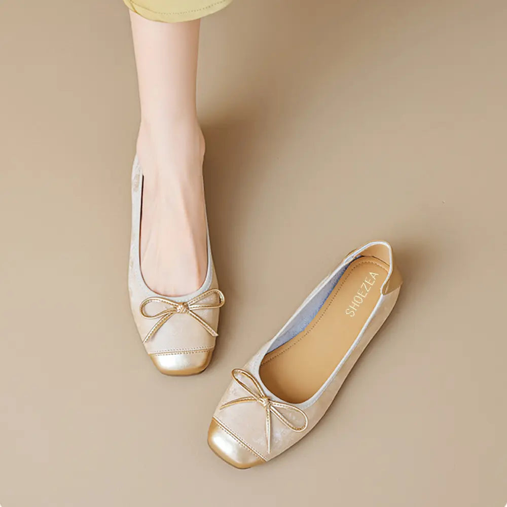 Shoezea Bow Ballet Flats for Women – Soft Sole Square Toe Slip-On Shoes
