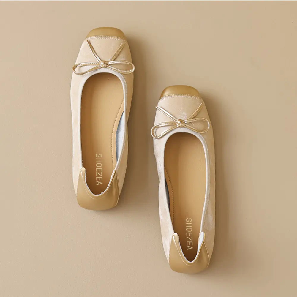 Shoezea Bow Ballet Flats for Women – Soft Sole Square Toe Slip-On Shoes