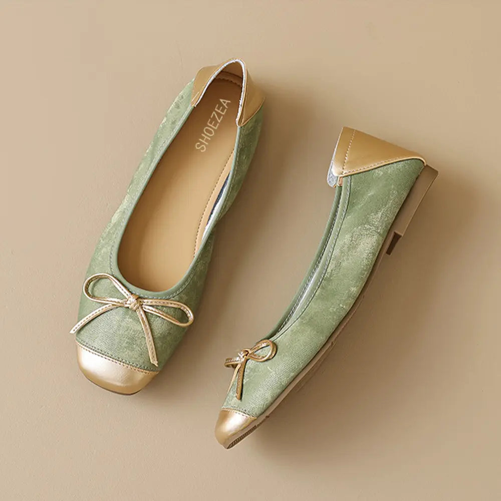 Shoezea Bow Ballet Flats for Women – Soft Sole Square Toe Slip-On Shoes