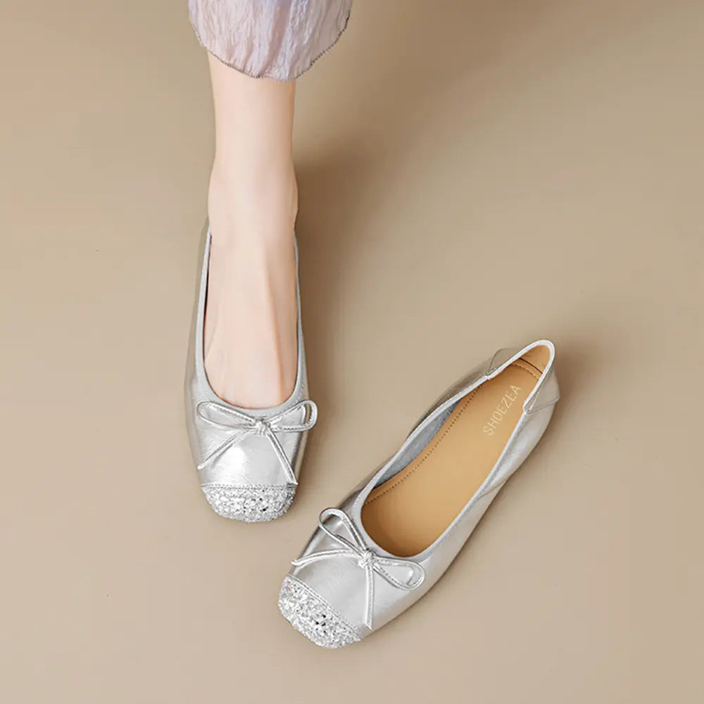 Shoezea Bow Ballet Flats for Women – Soft Sole Square Toe Slip-On Shoes