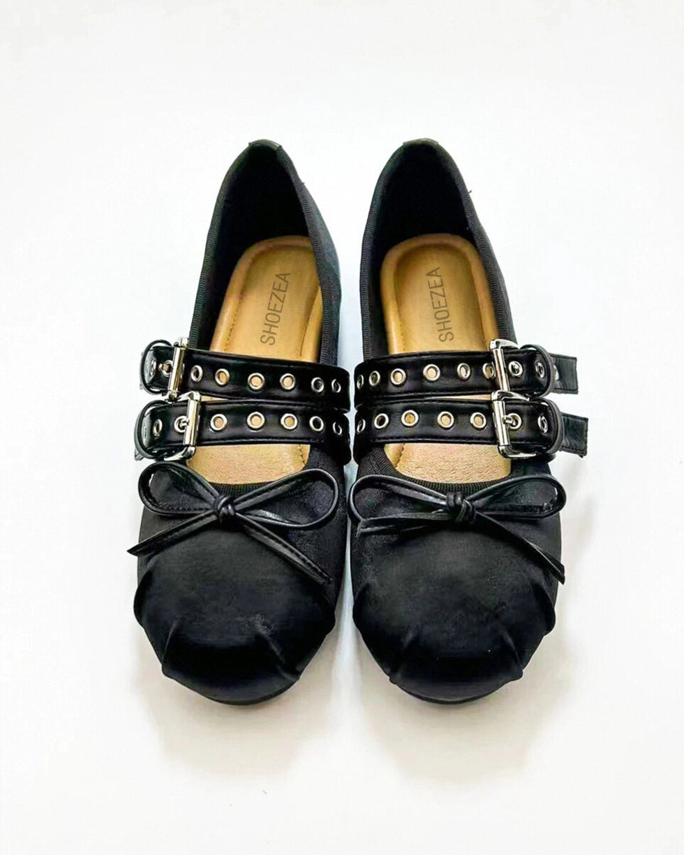 Double Strap Satin Round Toe Ballerinas