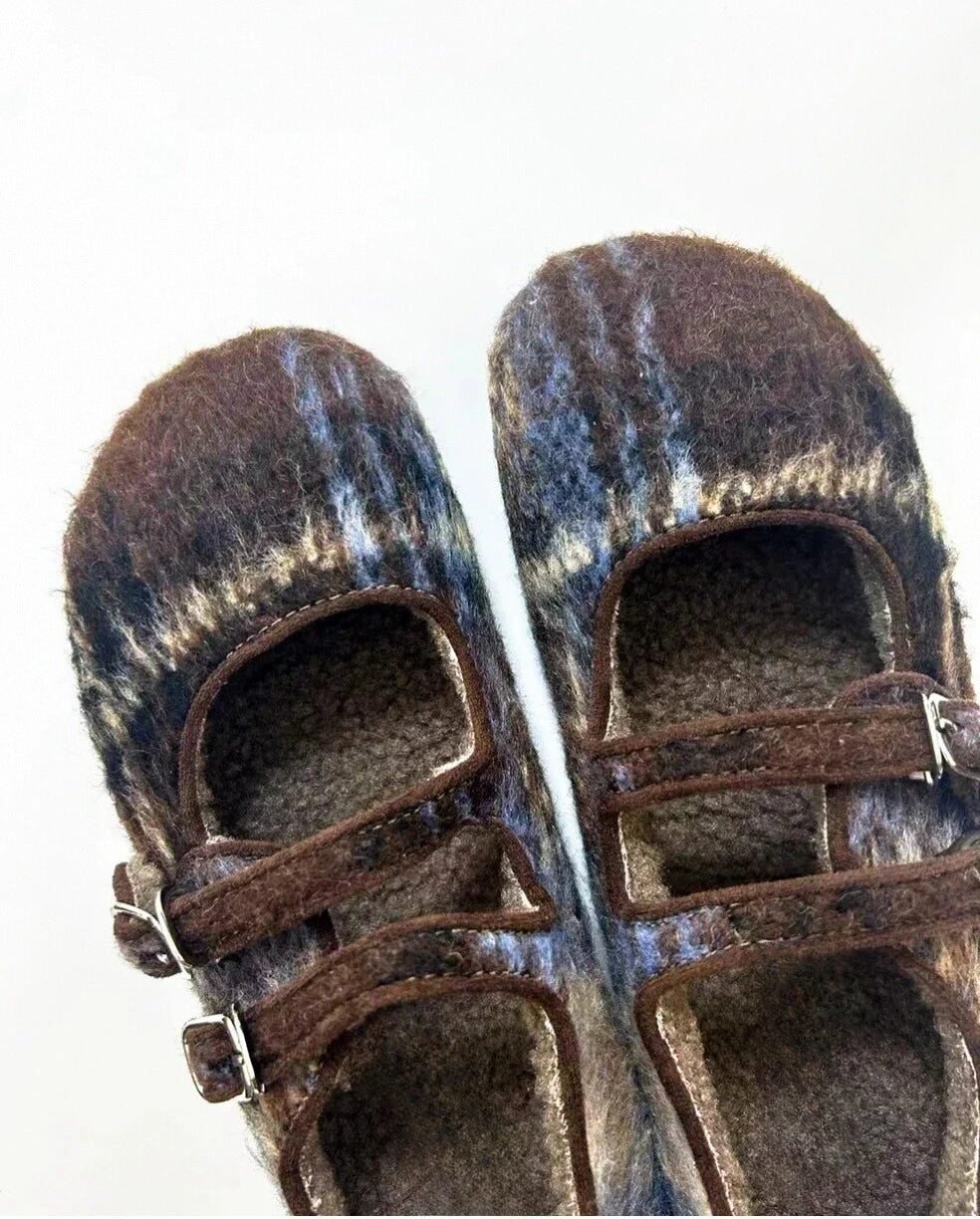 Faux Fur Lattice Double Straps Flats