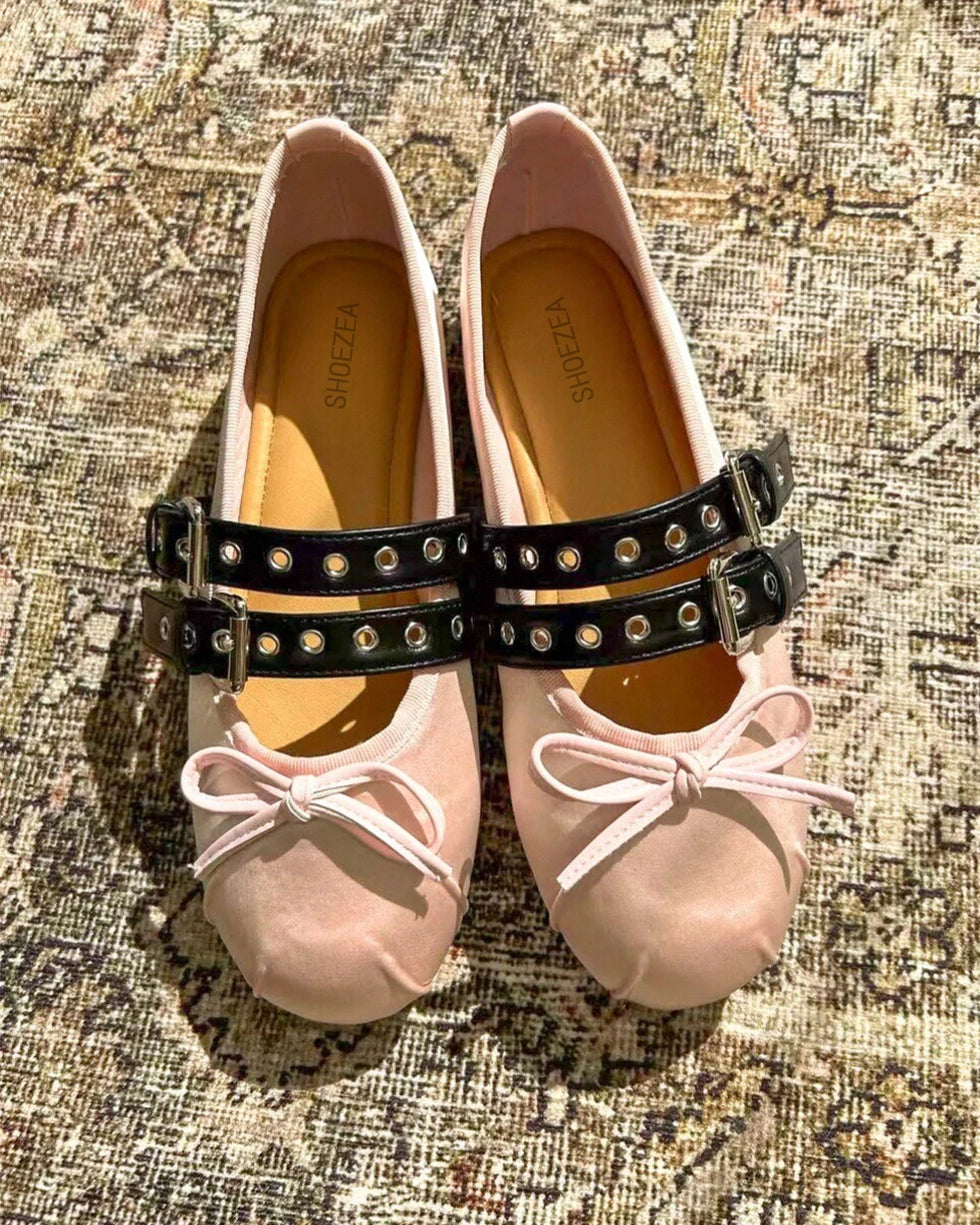 Double Strap Satin Round Toe Ballerinas