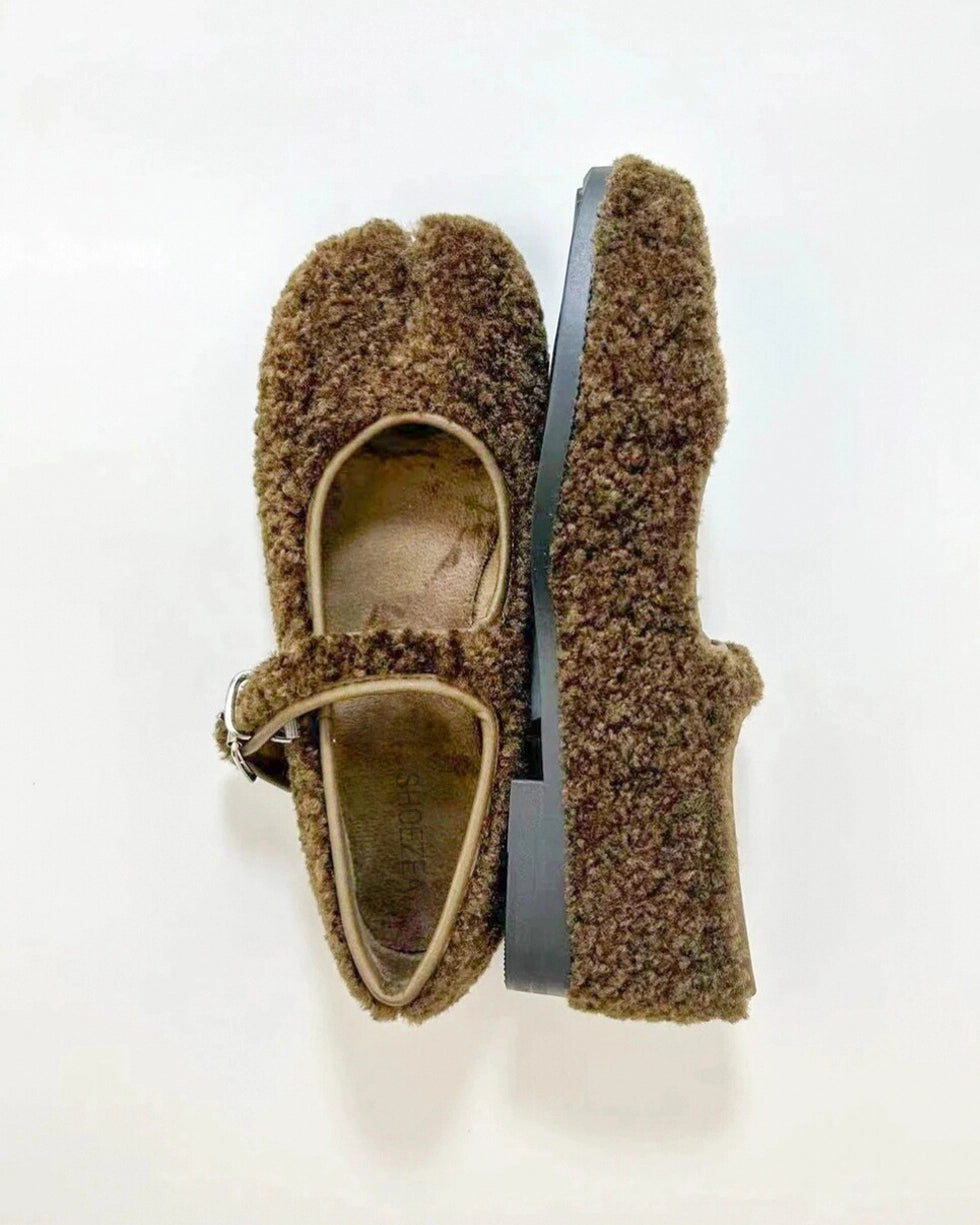 Faux Plush Tabi Mary Jane Flats