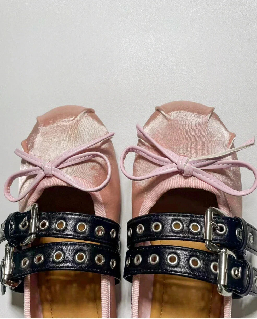 Double Strap Satin Round Toe Ballerinas
