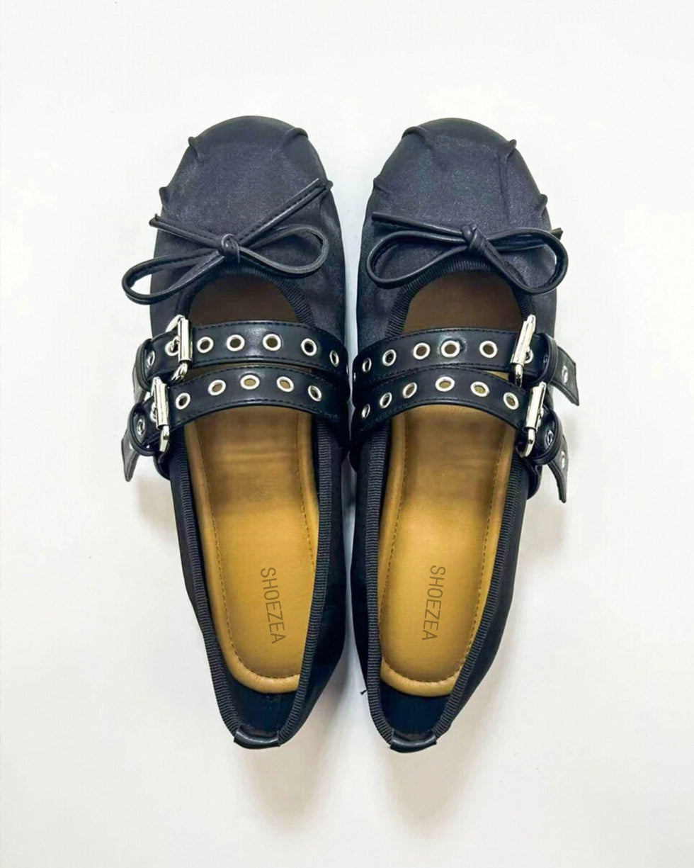 Double Strap Satin Round Toe Ballerinas