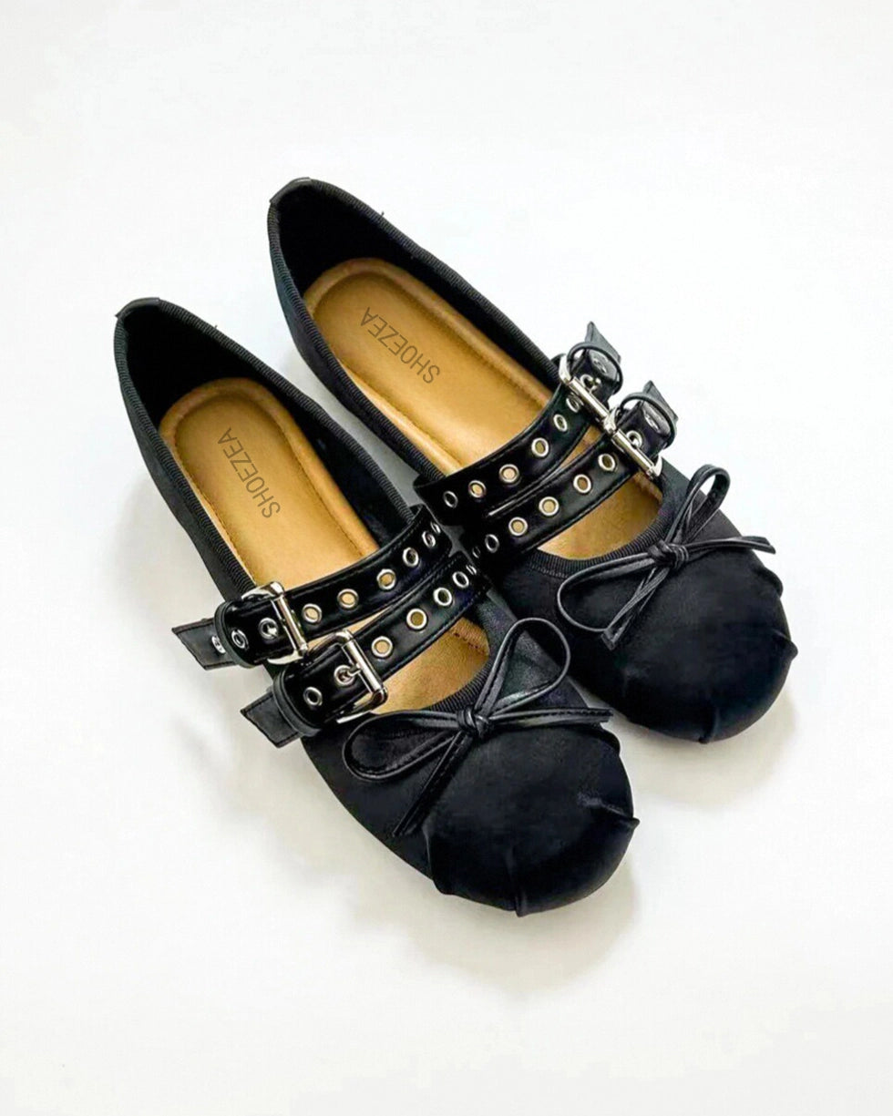 Double Strap Satin Round Toe Ballerinas