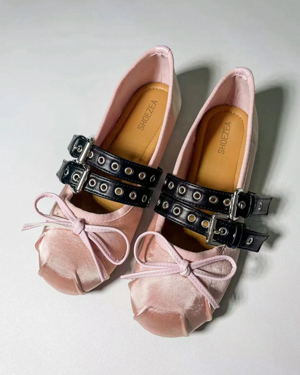 Double Strap Satin Round Toe Ballerinas