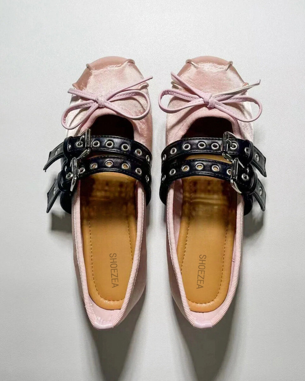 Double Strap Satin Round Toe Ballerinas
