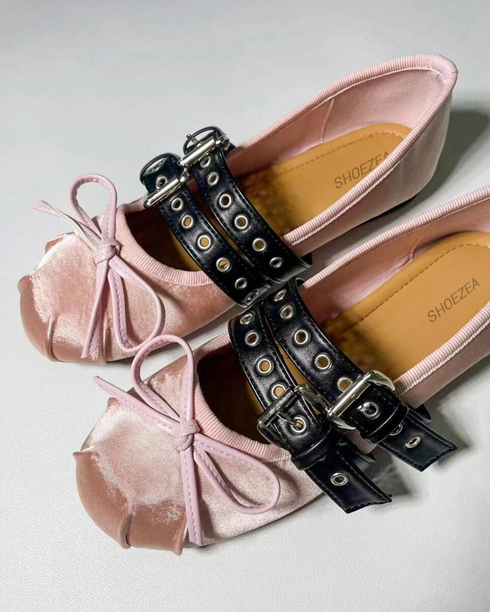 Double Strap Satin Round Toe Ballerinas