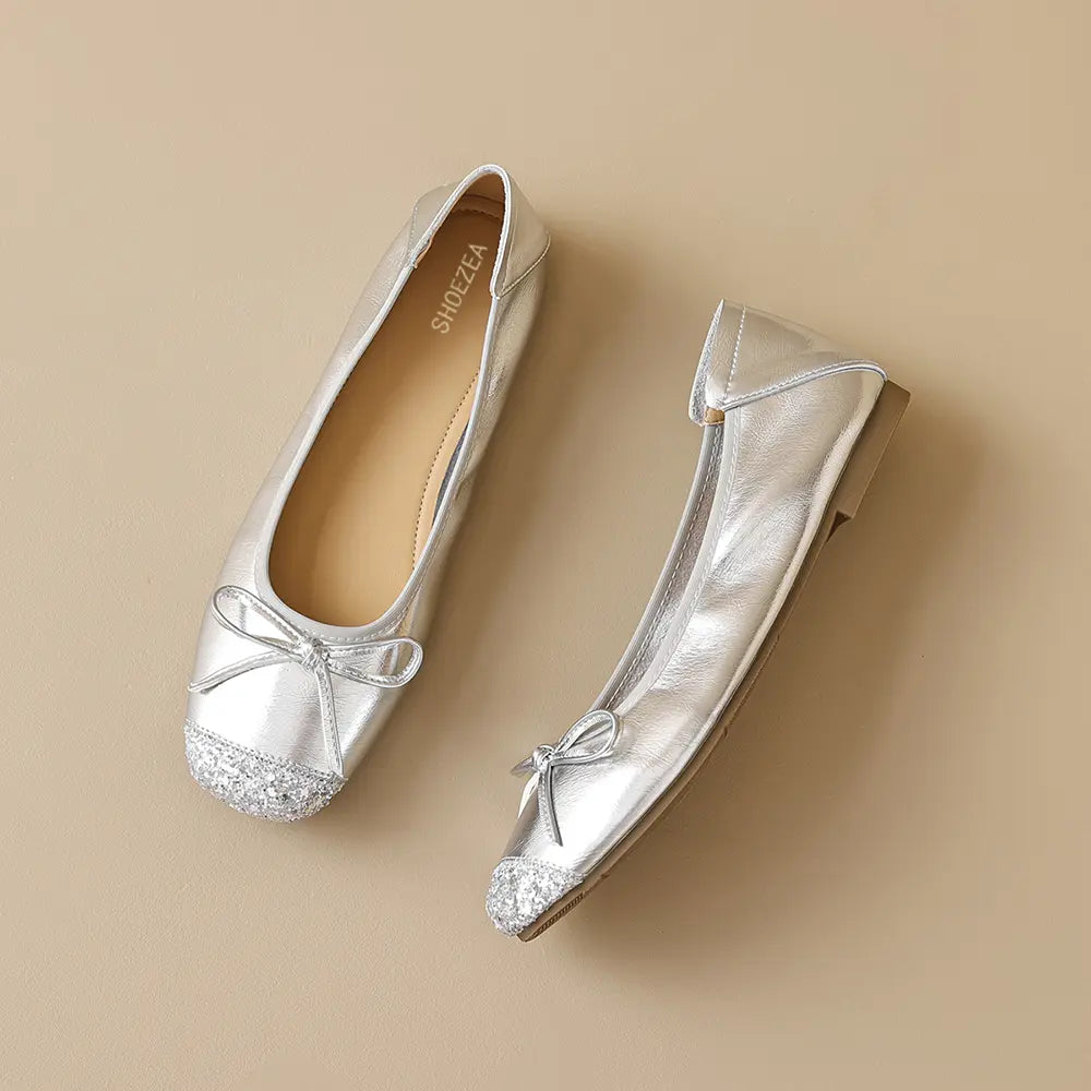 Shoezea Bow Ballet Flats for Women – Soft Sole Square Toe Slip-On Shoes