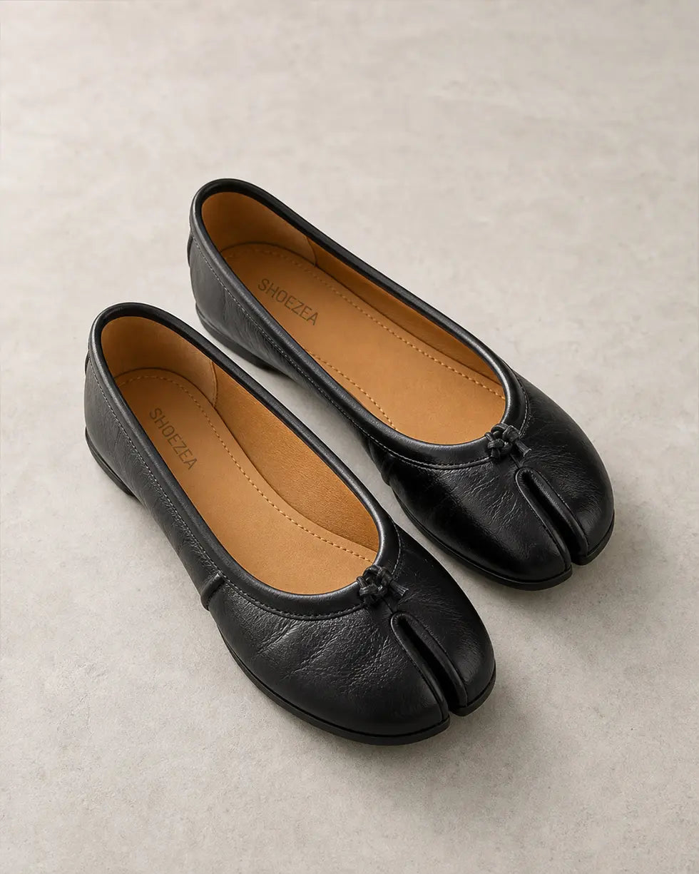 Shoezea Split-Toe Tabi Ballet Flats with Soft Ruched Design