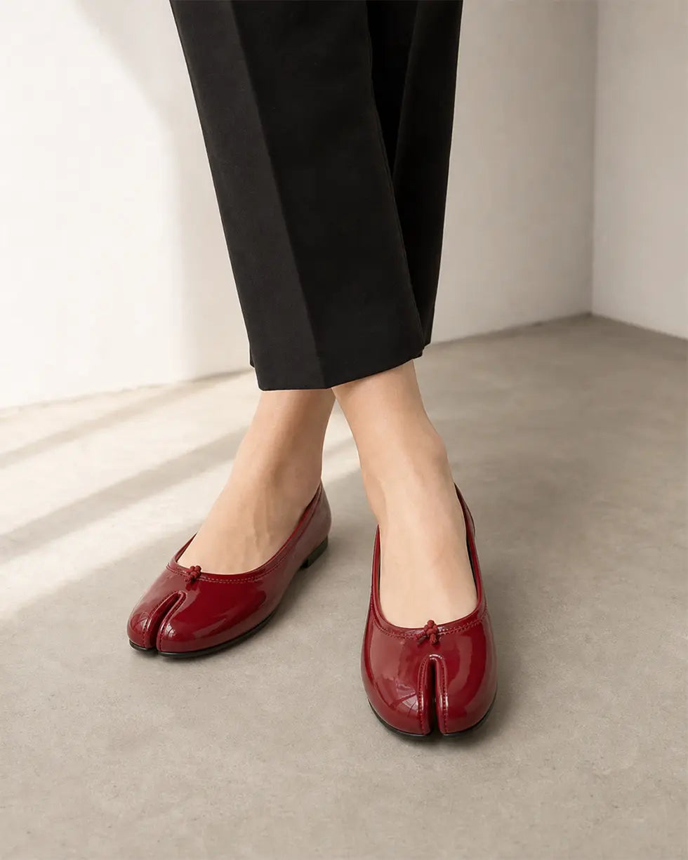 Shoezea Patent Leather Split-Toe Tabi Ballet Flats with Glossy Finish