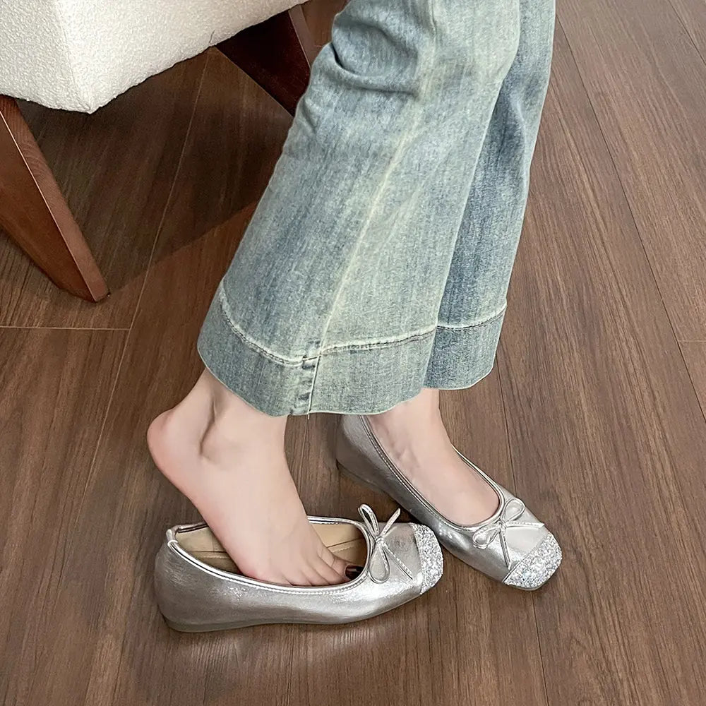 Shoezea Square Toe Ballet Flats – Women’s Hidden Heel Bow Flats