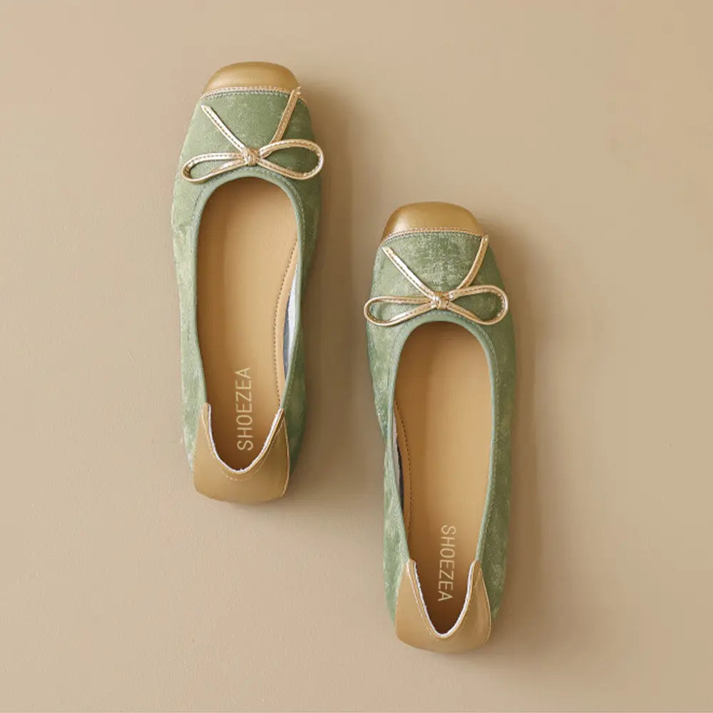 Shoezea Bow Ballet Flats for Women – Soft Sole Square Toe Slip-On Shoes