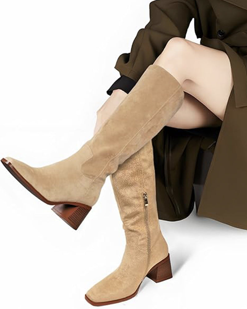 Shoezea Women's Knee High Boots Chunky Heel Square Toe Tall Boots
