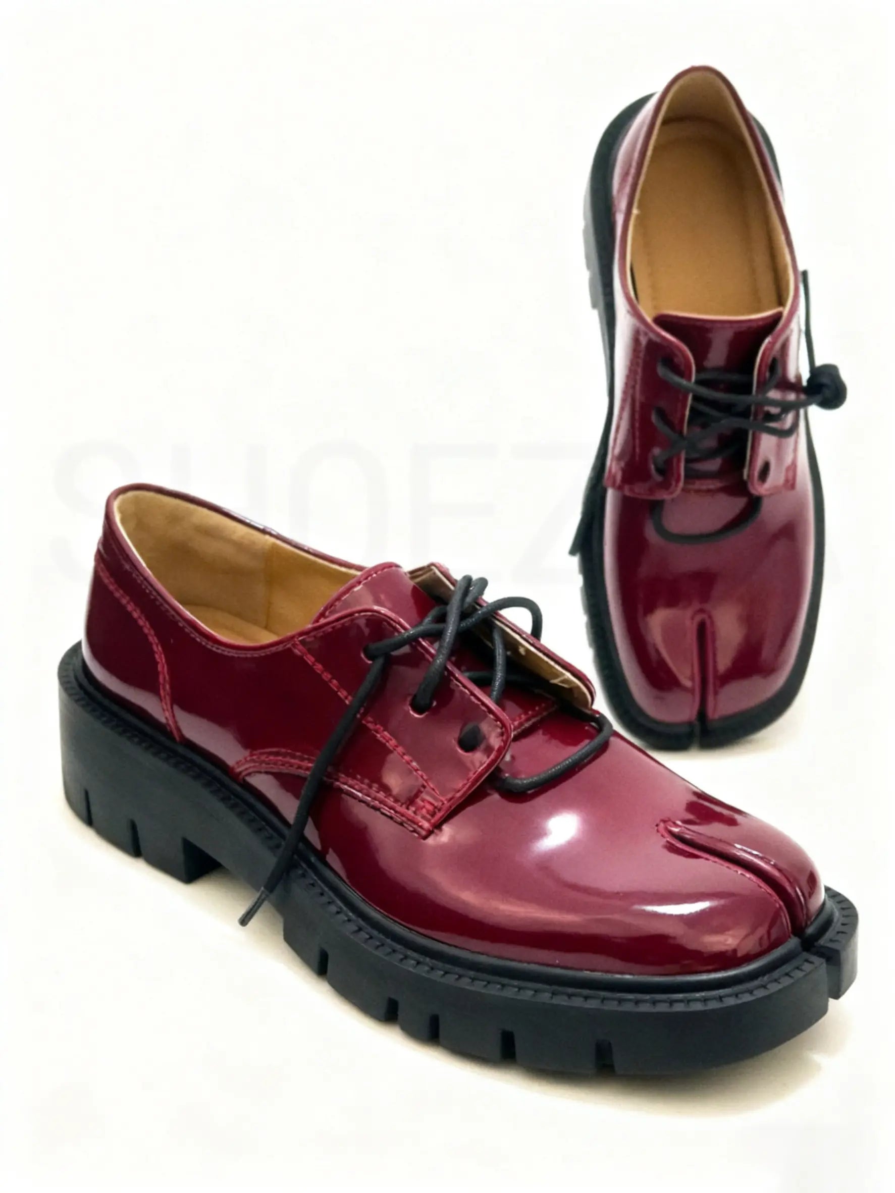 Shoezea Lace-Up Split-Toe Tabi Loafers with Chunky Block Heel
