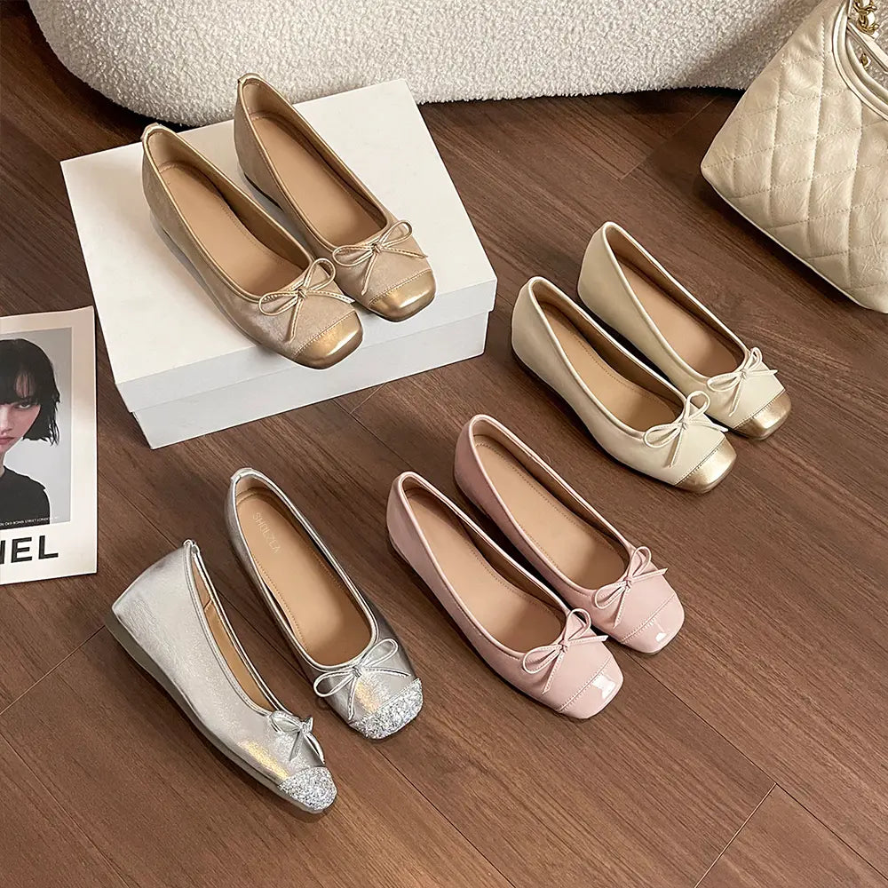 Shoezea Square Toe Ballet Flats – Women’s Hidden Heel Bow Flats